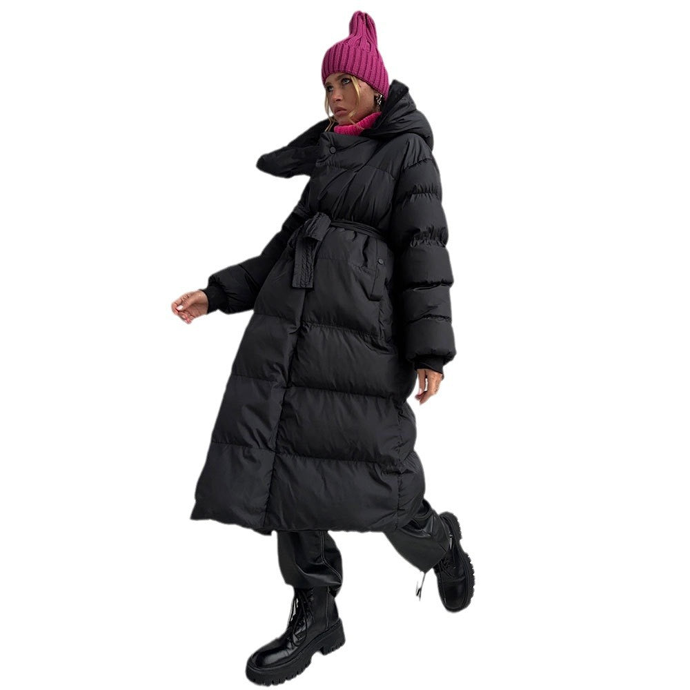 Long cotton clothes, European and American winter new temperament warm thickened hidden button long hooded cotton jackets