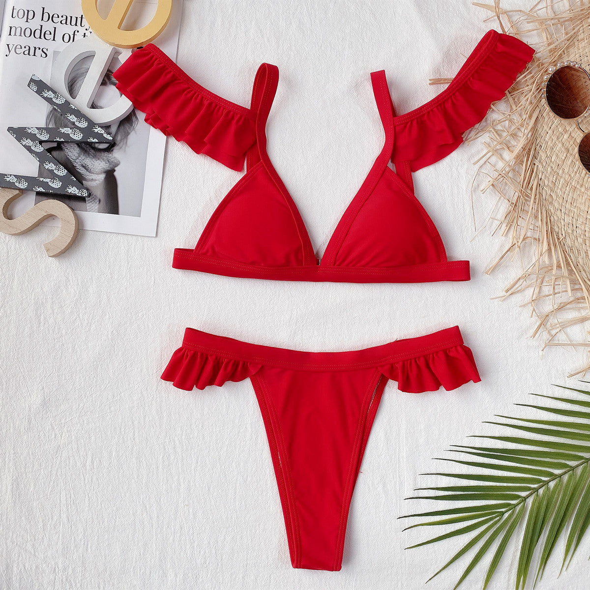 Outer single swimsuit  European and American new  solid color lotus leaf sleeve women's split swimsuit swimsuits
