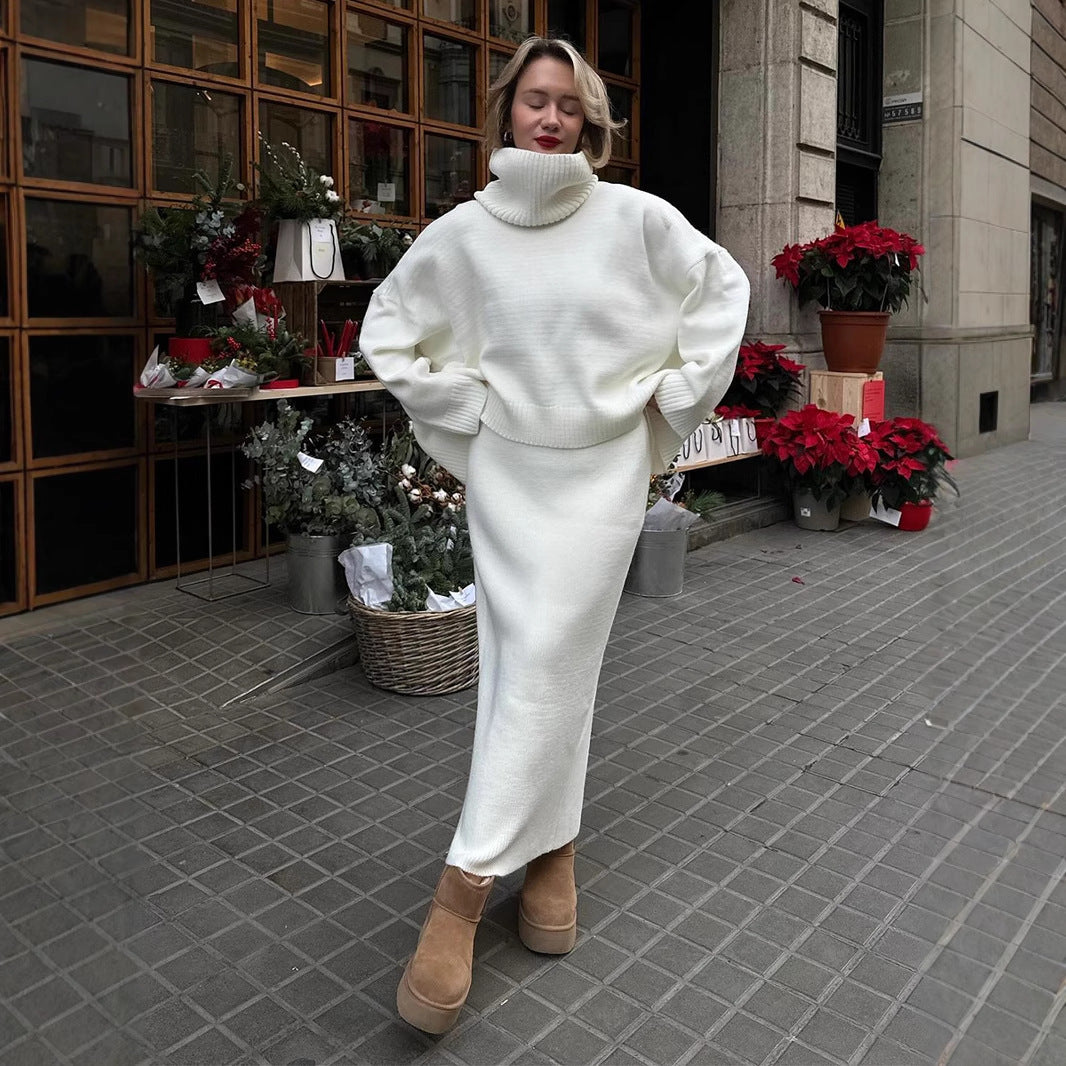 Turtleneck sweater skirt set for women, European, American autumn and winter loose knitted two-piece sweater set for women  suits