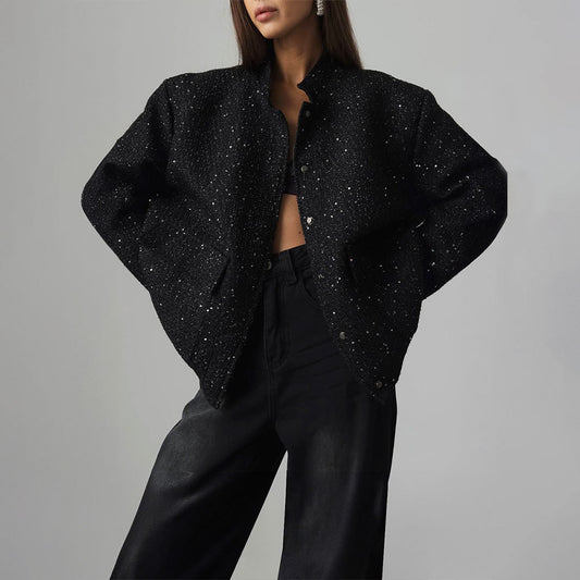 Cross-border gold silk bead jacket European and American new INS new fashion sequined stand-up collar loose jacket  clothes  coat