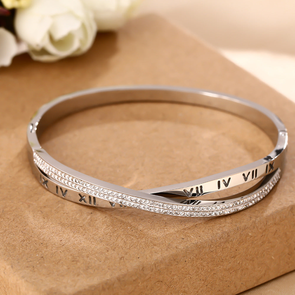 Europe and the United States cross-border e-commerce explosion Roman digital diamond-encrusted titanium steel bracelet women's high-end sense of non-fading hand jewelry wholesale