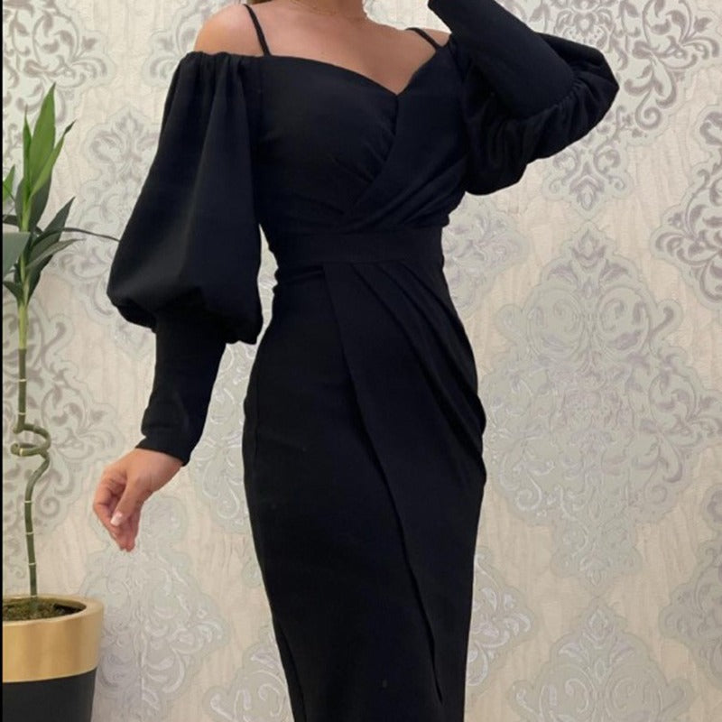 European and American cross-border new suspender one-word neck lantern long-sleeved waist pleated dress