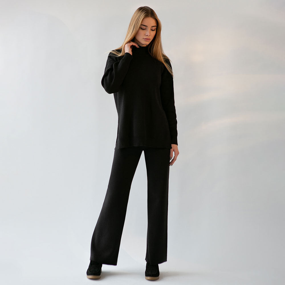 Solid color knitted turtleneck slit sweater set women's clothing European, American autumn and winter fashion casual lazy sweater set  suits