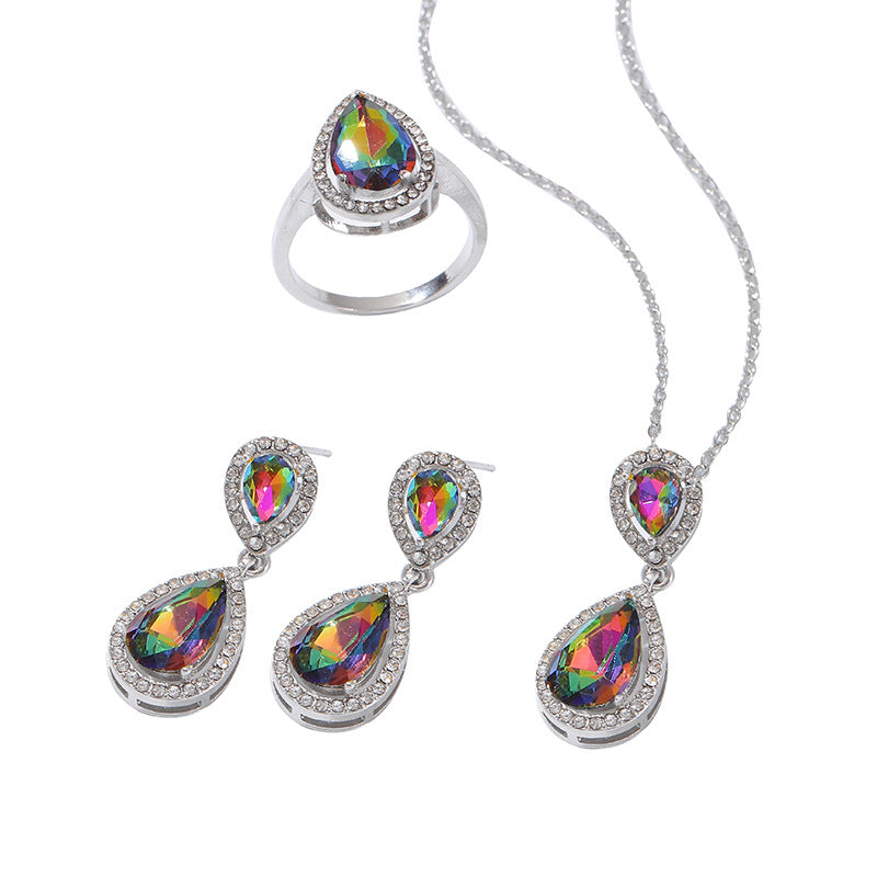 European and American water drop women's accessories, colored treasures, zircon sets, necklaces, earrings, ring sets, jewelry wholesale, spot multi-color.