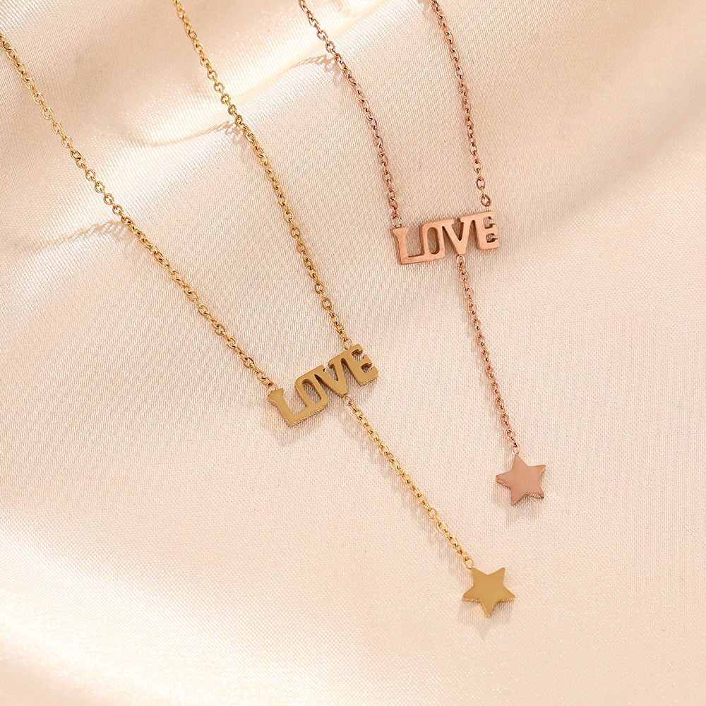 European and American cross-border titanium steel necklace female love letter fringed star Valentine's Day ins wind collarbone chain personalized jewelry