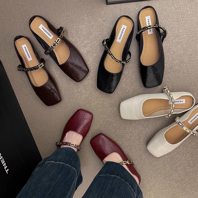 French bag head half slippers women's outer wear  spring and summer new Korean version square head flat bottom one pedal Mary Jane single shoes
