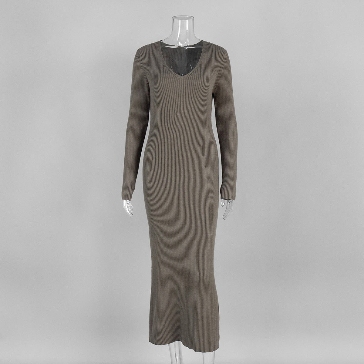 Solid color long-sleeved dress women's European, American autumn and winter new temperament V-neck slim-fitting hip-wrapped knitted long dress suits