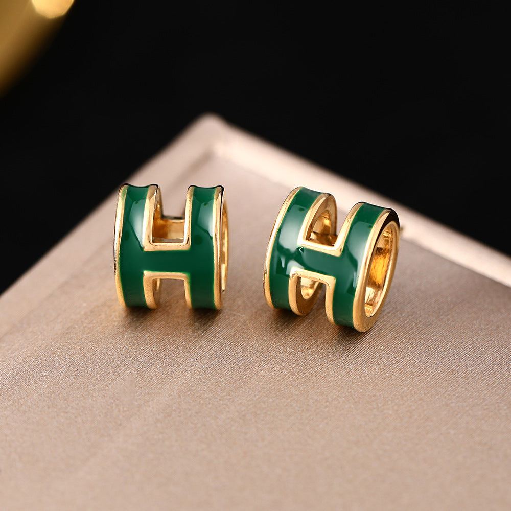 European and American cross-border drip glaze enamel three-dimensional letter H stud earrings 925 silver needle French retro earrings temperament earrings jewelry