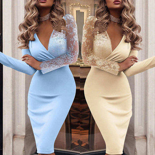 Foreign trade European and American women's clothing new lace splicing slim-fitting hip-wrapped dress in stock  suits