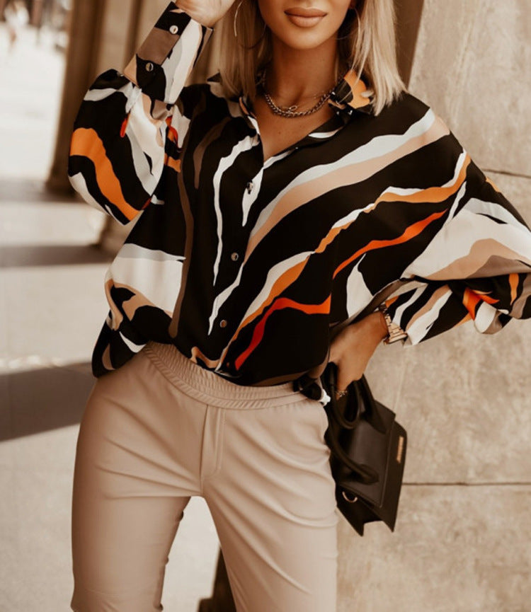 Cross-border foreign trade European and American printed shirt loose women's button-down long-sleeved casual shirts women's top