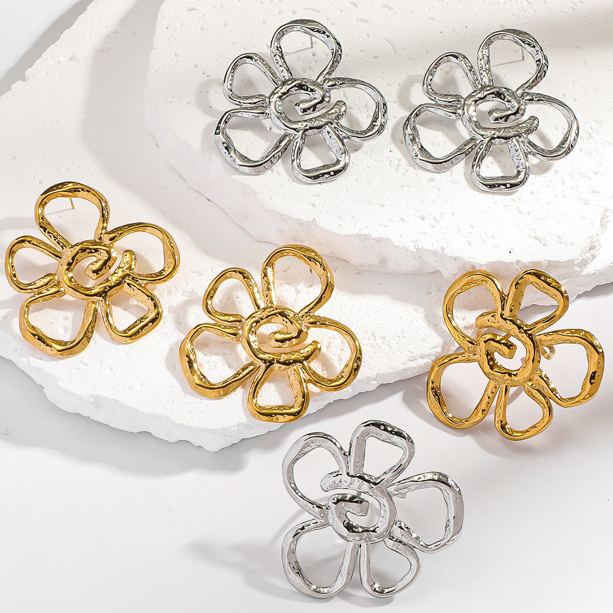Malt European and American fashion hollow flower earrings stud earrings women's opening design ring rings holiday style earrings