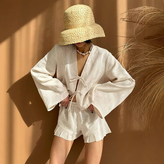 Cross-border pure cotton strap cardigan + shorts set European and American spring and summer new loose casual shorts set women  suits
