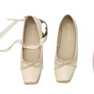 Ballet shoes single  beanie shoes women's  spring new flat temperament socialite wear square head Mary Jane shoes bridesmaid