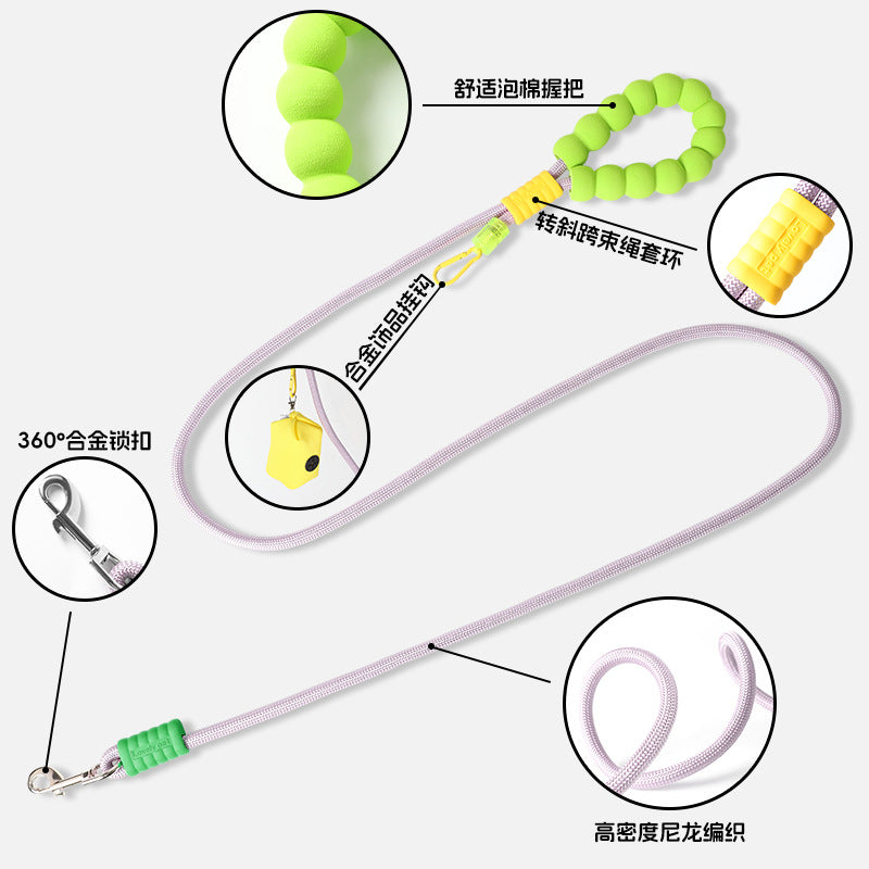 Dog leash, crossbody cloud bubble foam grip contrasting color P rope, puppy out pet walking dog rope