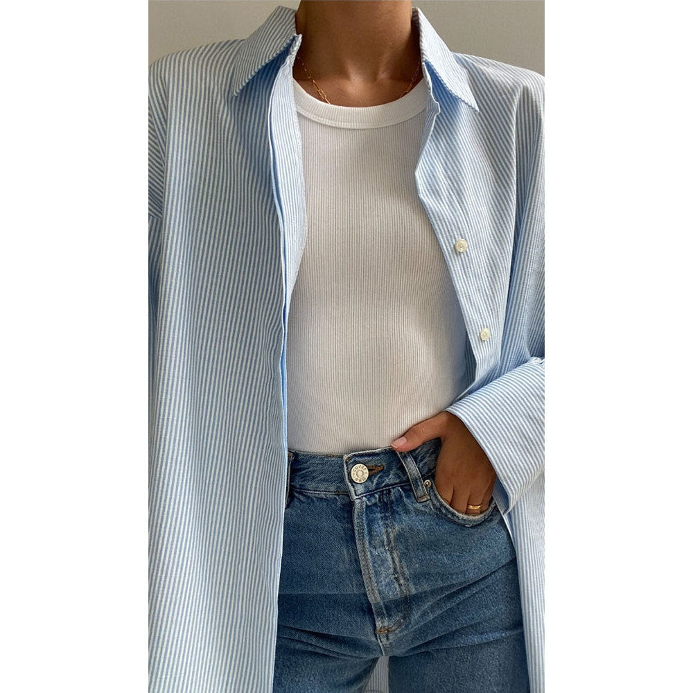 Cross-border striped shirt European and American summer new simple high-end hidden button long-sleeved striped cardigan