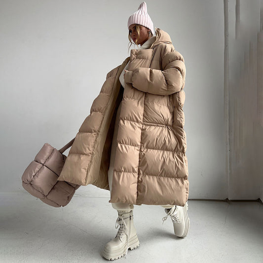 Long cotton clothes, European and American winter new temperament warm thickened hidden button long hooded cotton jackets