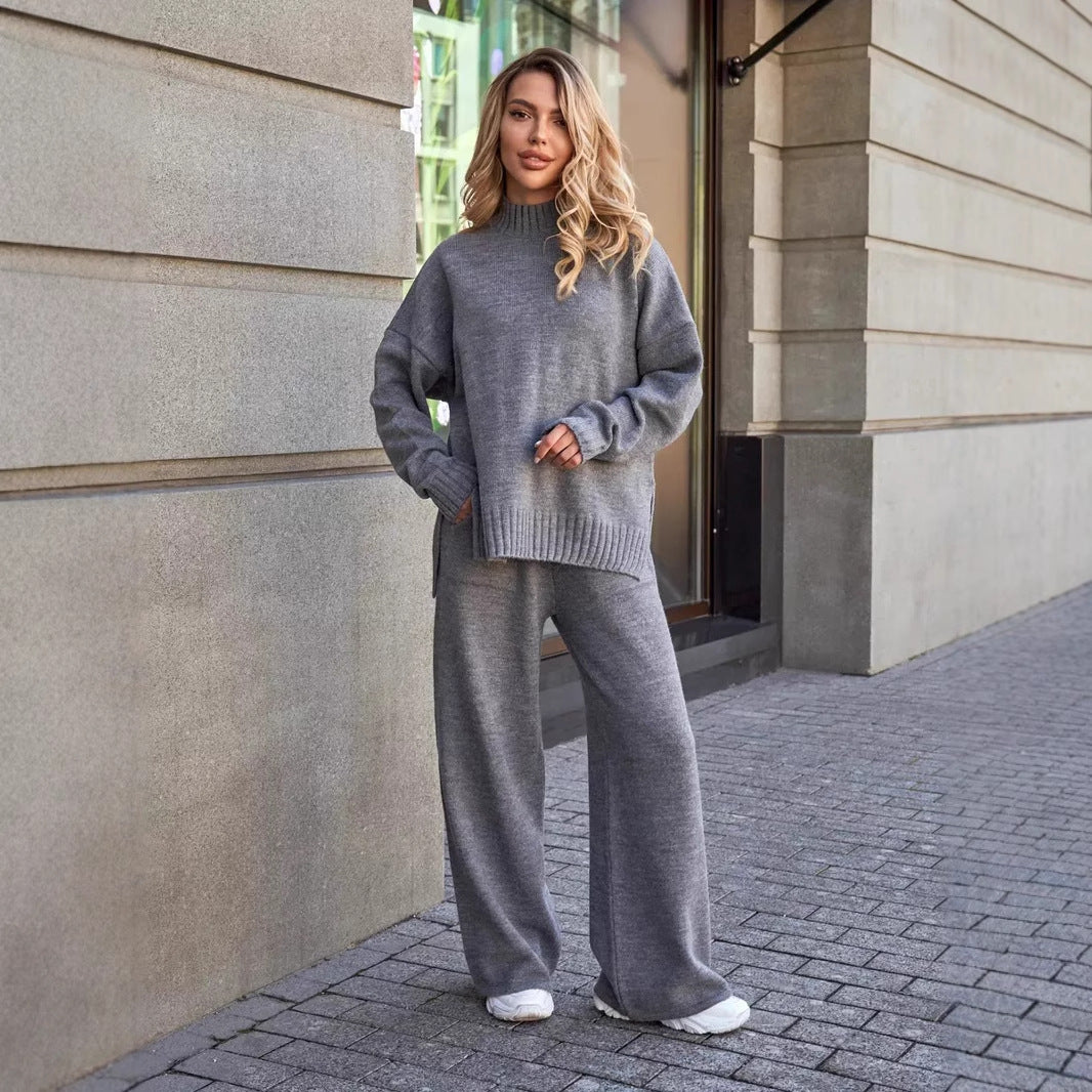 Knitted turtleneck sweater suit for women, European, American autumn and winter new loose long-sleeved trousers knitted suits for women