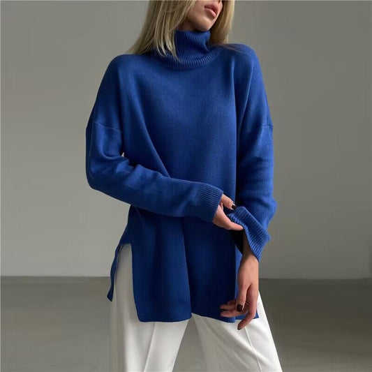 Cross-border turtleneck sweater women's autumn and winter new casual sweater European and American style split fork loose solid color knitted sweater