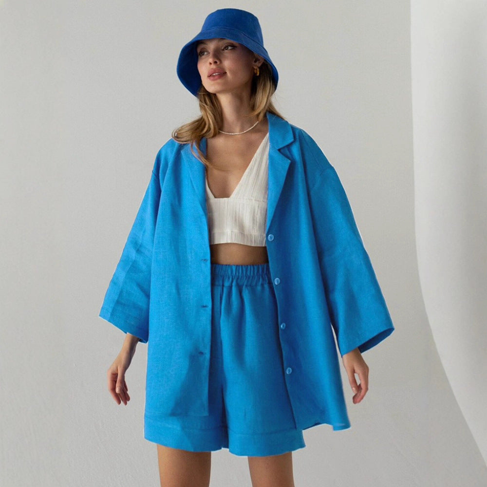 Pure cotton shorts set for women's European and American summer lapel loose single-breasted shirt + high-waisted straight-leg pants two-piece set   suits