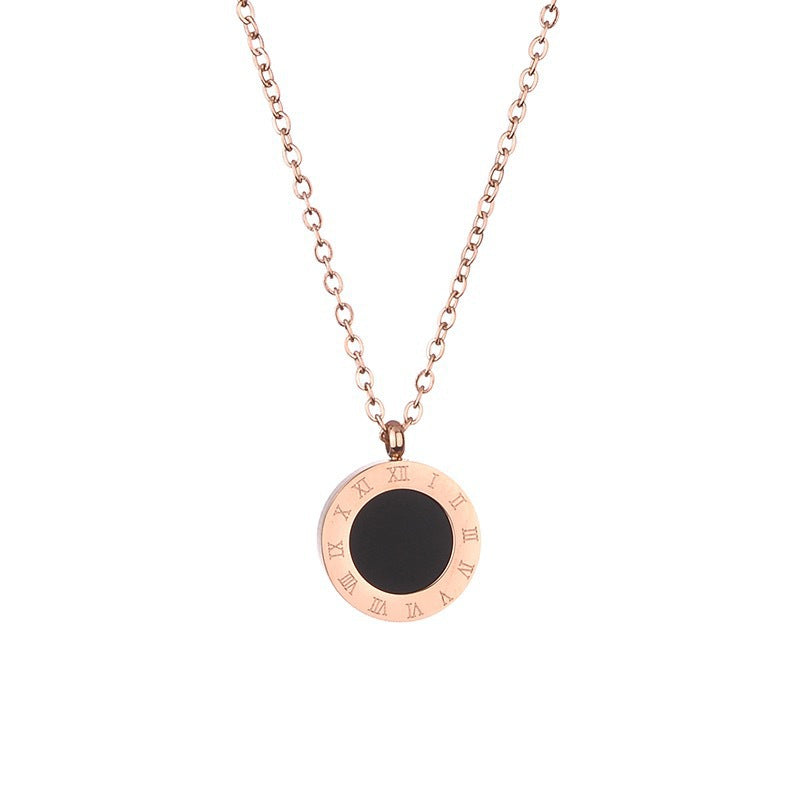 Cross-border hot-selling titanium steel necklace female personality ins Roman black and white double-sided Internet celebrity collarbone chain with jewelry does not fade