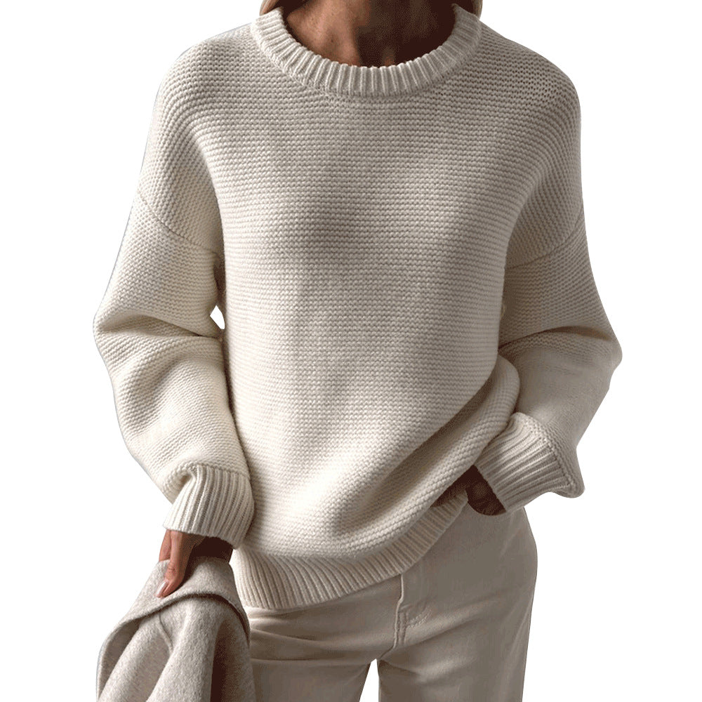 Crew neck knitted sweater European, American autumn and winter new temperament simple lazy pullover pure white crew neck sweater