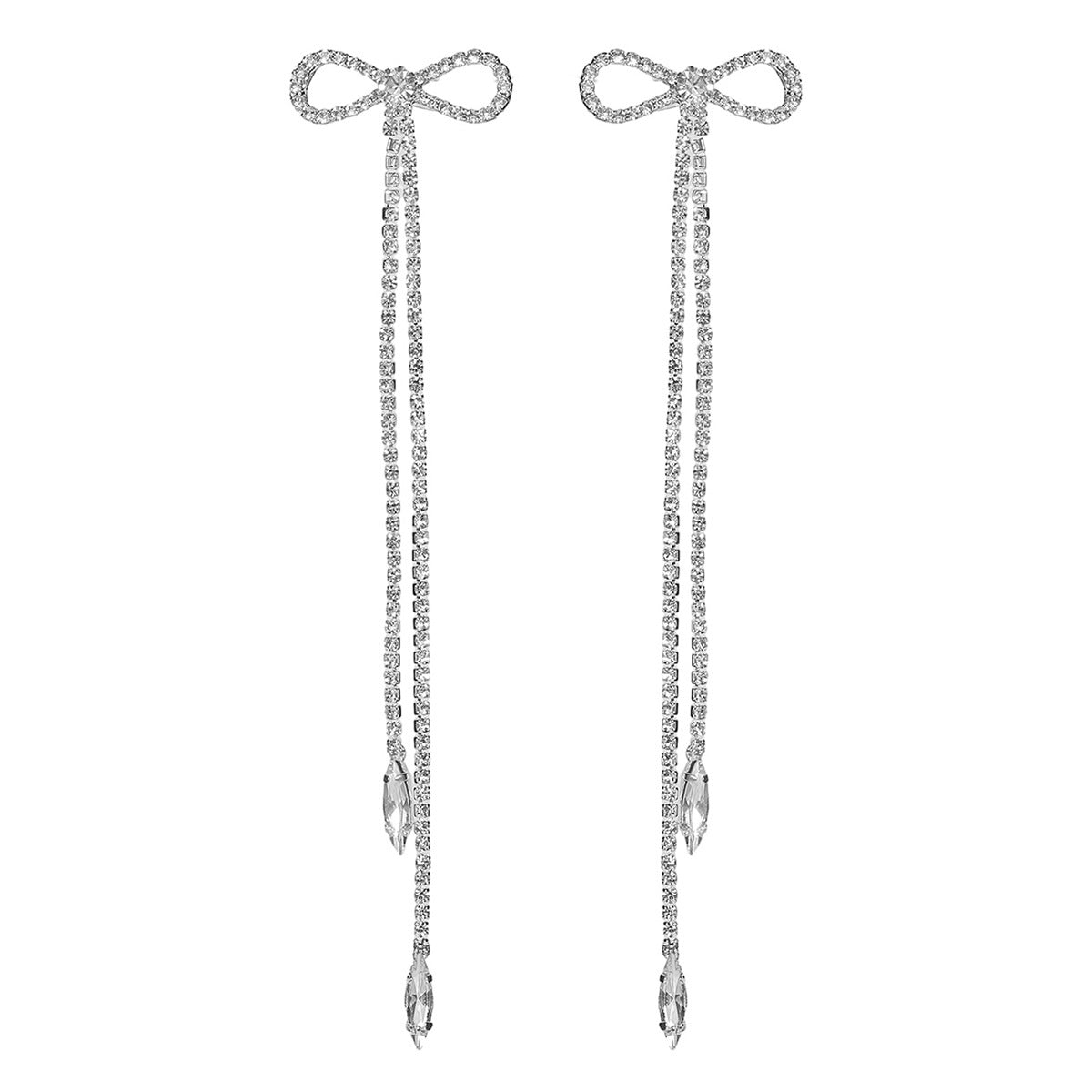 Popular, high-end luxury long fringed earrings for women, fashionable and shiny rhinestone bow stud earrings.