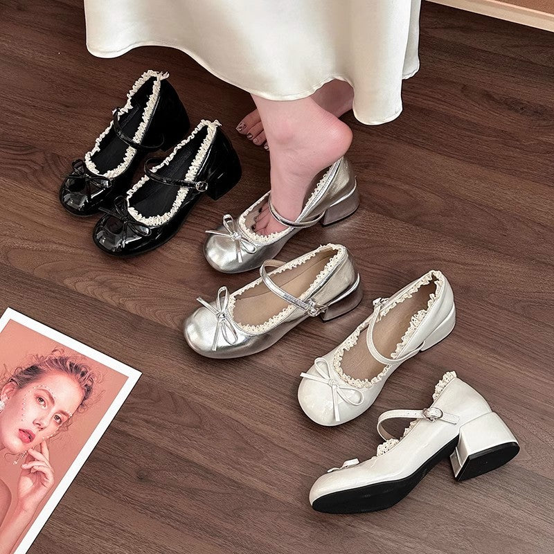French lace bow women Mary Jane shoes summer fashion new silver single  beanie shoes inner height increase evening leather shoes