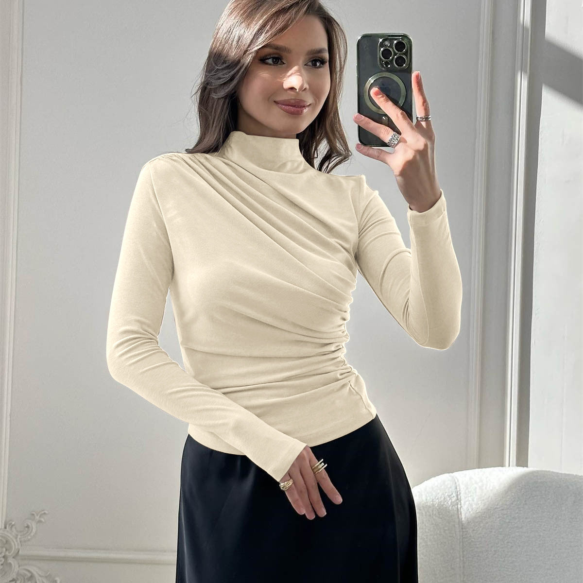 European and American women's long-sleeved top, sexy new T-shirt stand-up collar slim-fitting bottoming shirt top