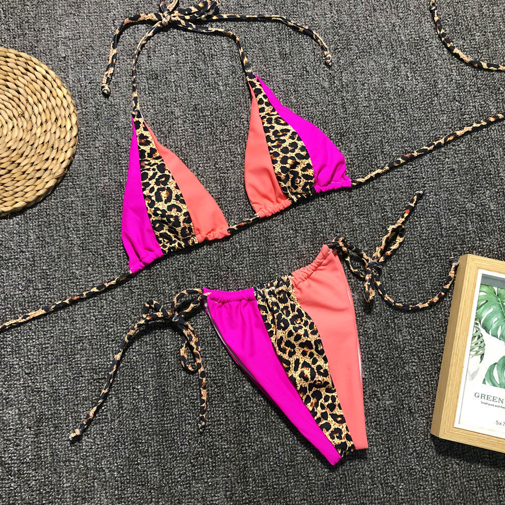 European and American foreign trade women's split swimsuits simple leopard print splicing bandage sexy swimsuit bikini women