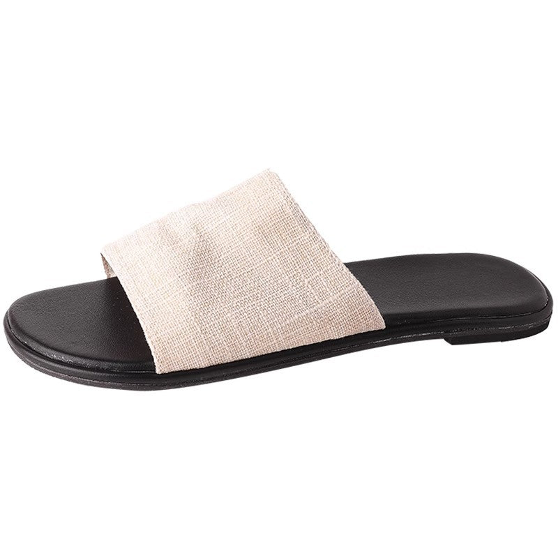 Retro Mori sandals one-word slippers women's  summer new wear soft-soled beach vacation wind flat sandals