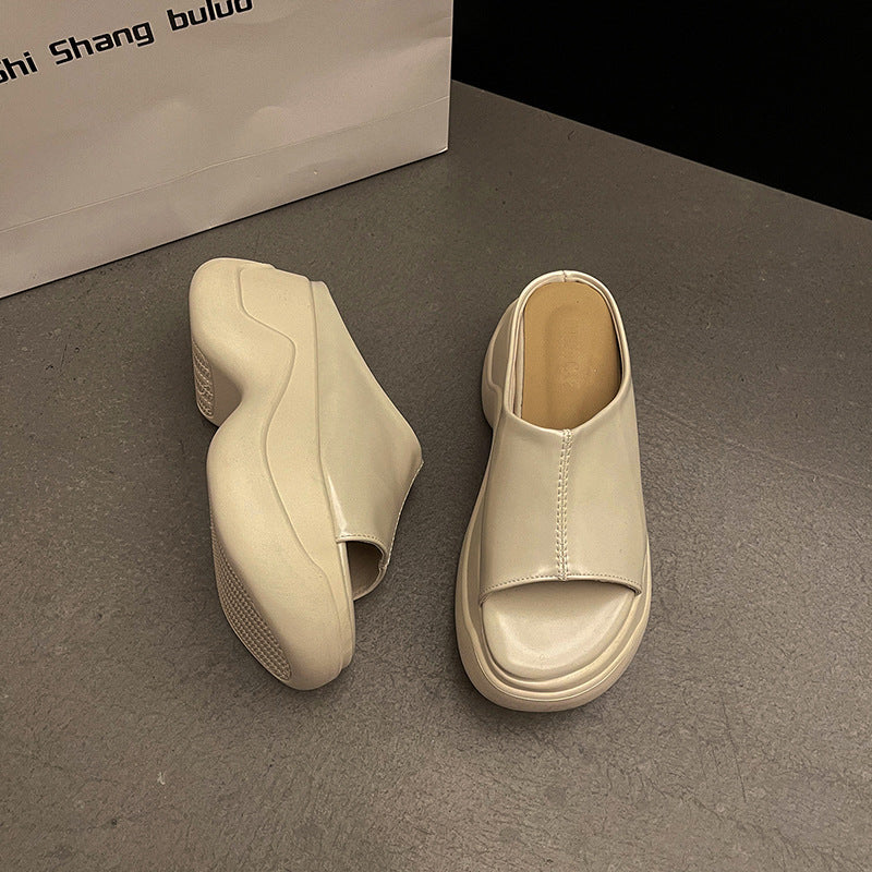 Internet celebrity explosion round head high heel one-word drag women wear  summer new heightening non-slip super soft cool slippers