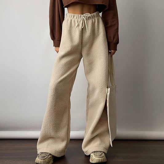 Lamb wool wide-leg trousers European, American autumn and winter new women's casual temperament commuter loose straight-leg trousers  pant