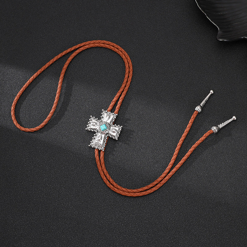 European and American punk denim bolo tie fashion tie cross turquoise sweater chain rope alloy pendant necklace