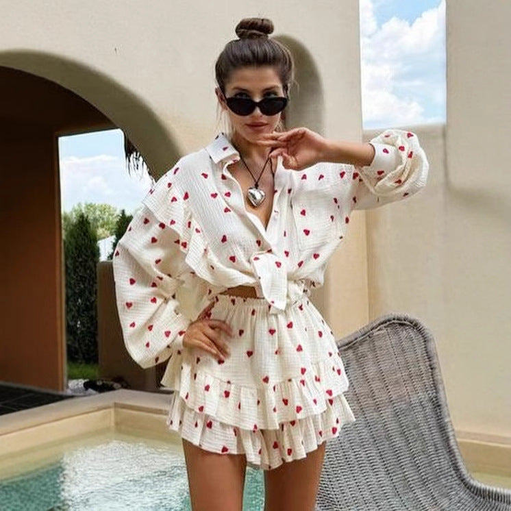 Cross-border cotton printed shorts set, European and American spring and summer ruffle edge long-sleeved shirt + shorts casual set  suits