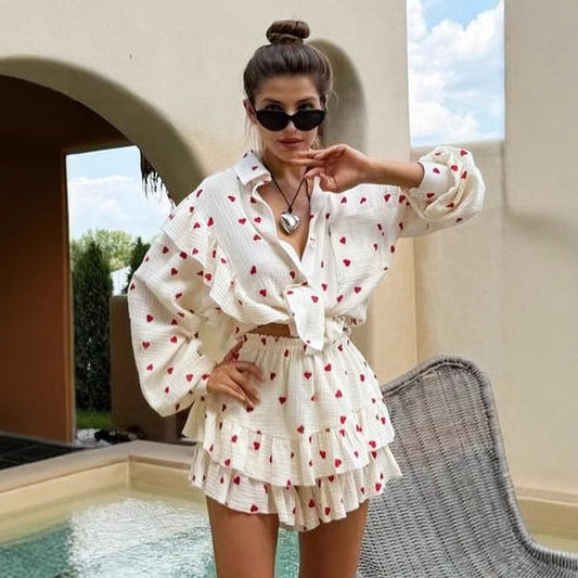 Cross-border cotton printed shorts set, European and American spring and summer ruffle edge long-sleeved shirt + shorts casual set  suits