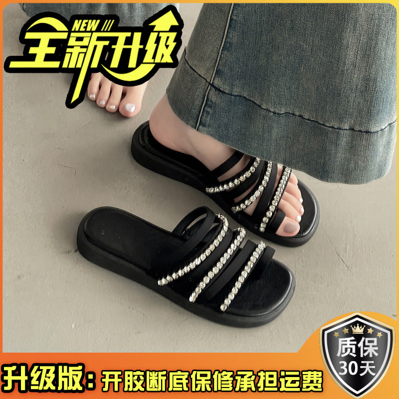 Summer new versatile flat-bottomed sandals round head non-slip temperament one-word drag fairy rhinestone cover toe slippers