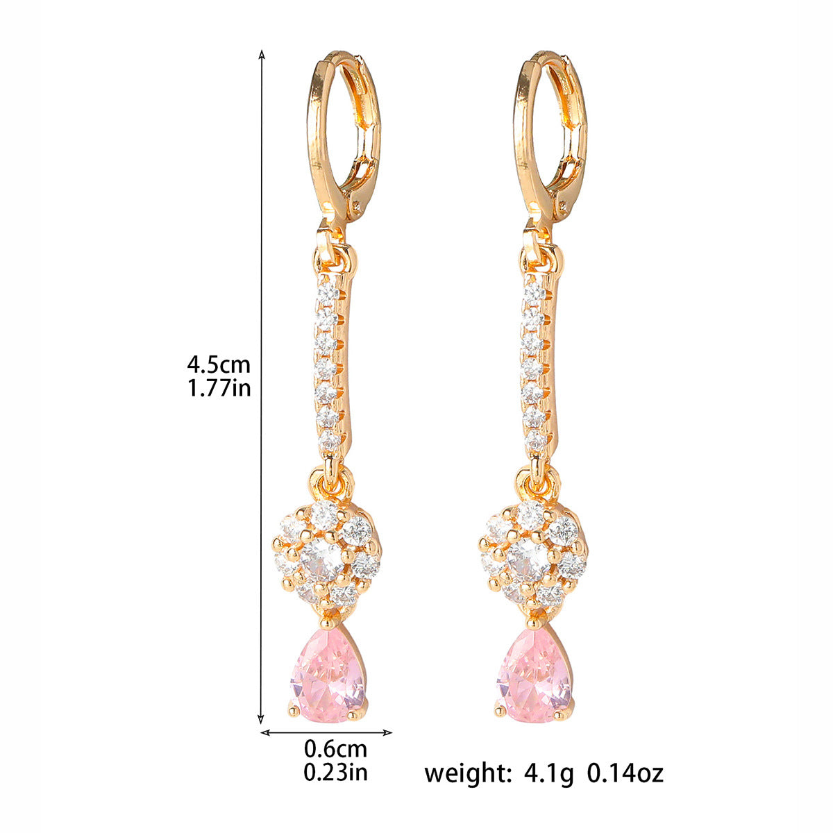 Town card, classic trendy pink water drop ear buckle women, fashionable versatile zircon earrings, personalized copper ear jewelry
