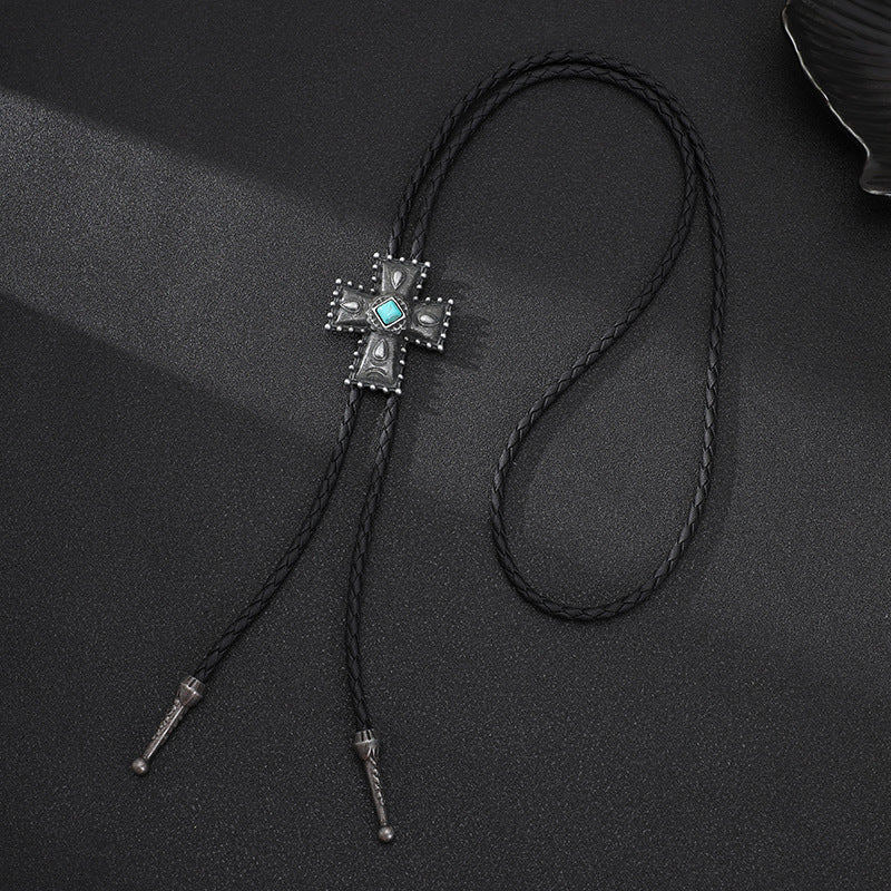 European and American punk denim bolo tie fashion tie cross turquoise sweater chain rope alloy pendant necklace
