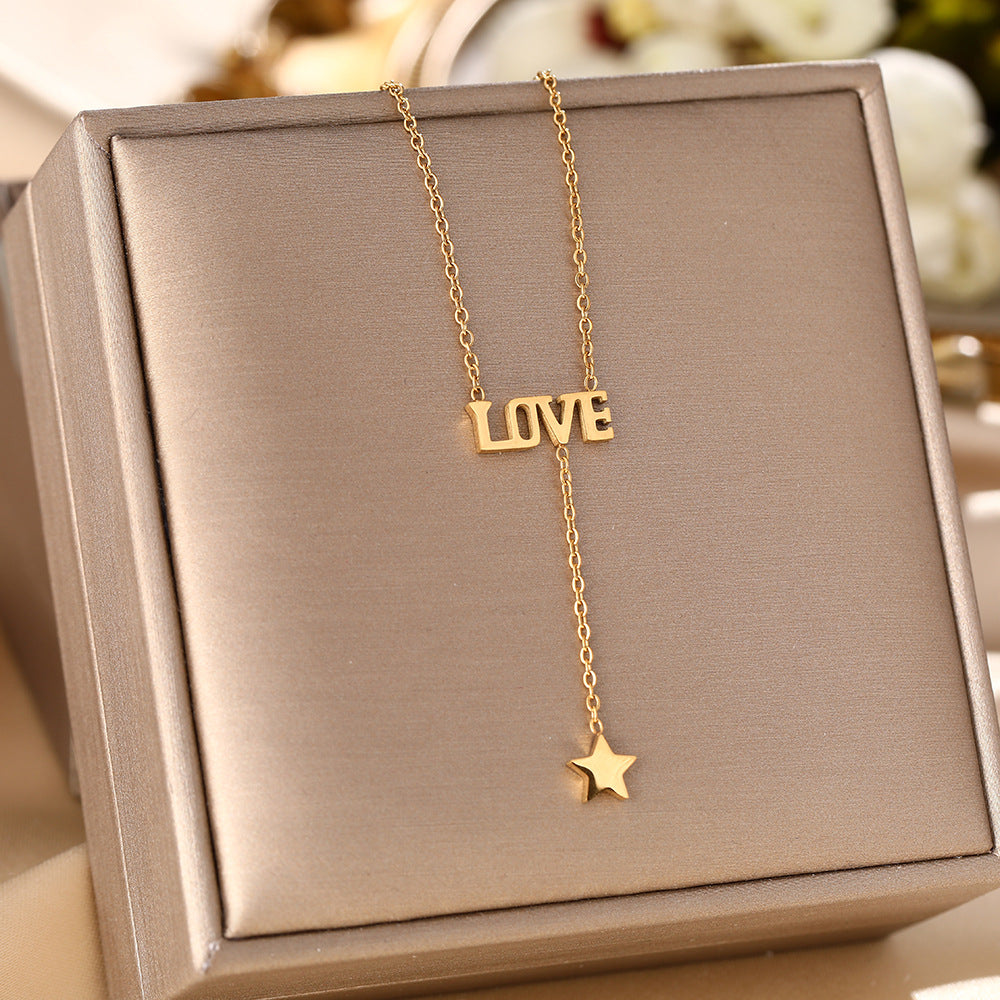 European and American cross-border titanium steel necklace female love letter fringed star Valentine's Day ins wind collarbone chain personalized jewelry