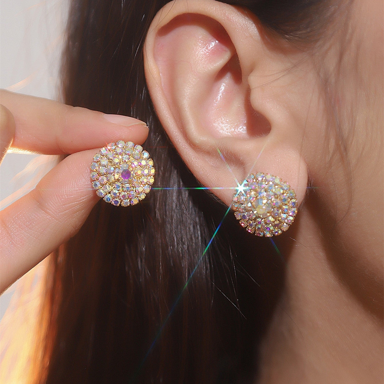 DINGKA explosive rhinestone geometric round women's earrings, a pair of versatile exquisite circles