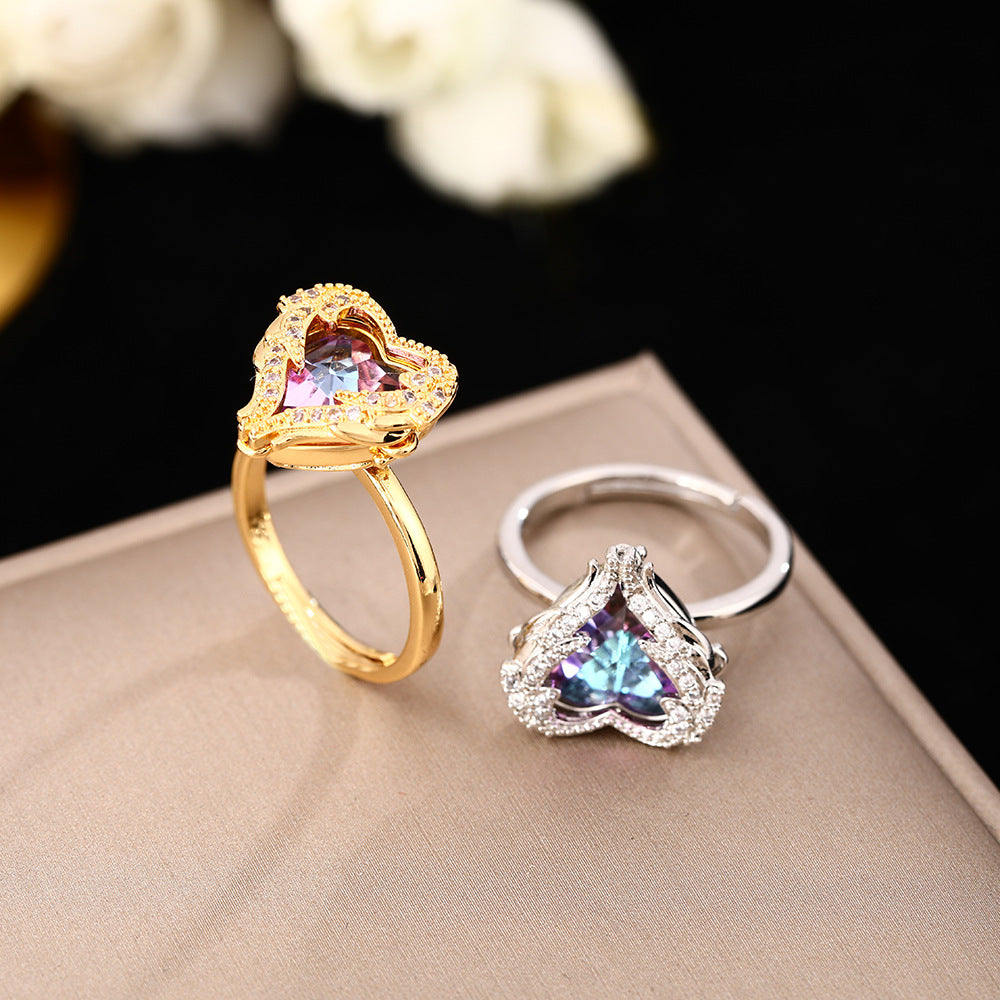Hot Sale in Japan and South Korea Colorful Colorful Love Zircon Ring Women's Fashion Versatile Color Changing Peach Heart Rings Jewelry