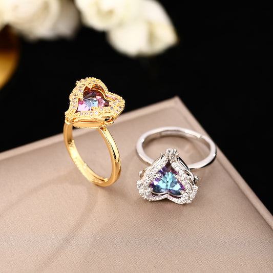Hot Sale in Japan and South Korea Colorful Colorful Love Zircon Ring Women's Fashion Versatile Color Changing Peach Heart Rings Jewelry
