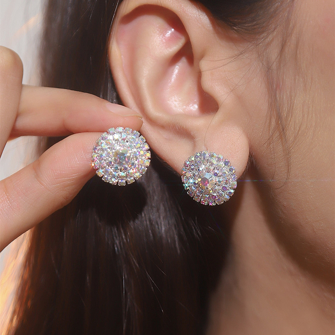 DINGKA explosive rhinestone geometric round women's earrings, a pair of versatile exquisite circles