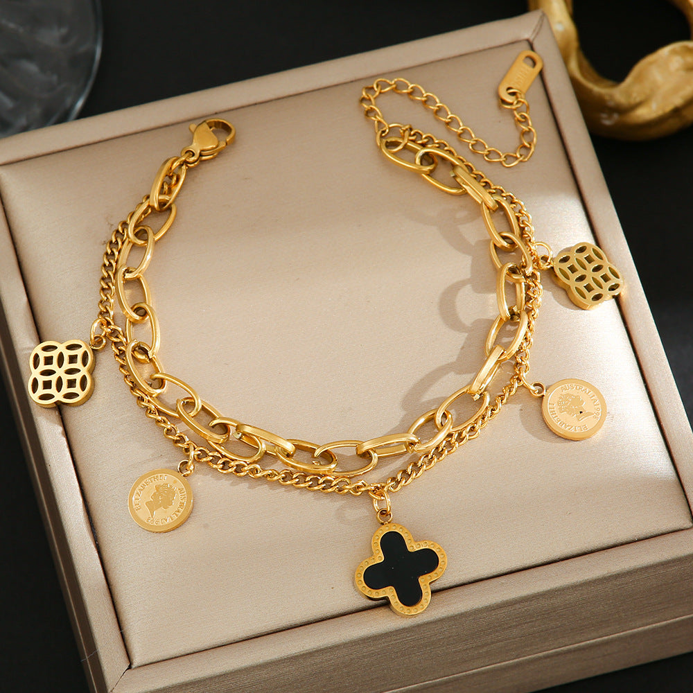 Cross-border hot sale Internet celebrity fashion titanium steel bracelet women's light luxury lucky four-leaf clover Emperor versatile hand jewelry does not fade