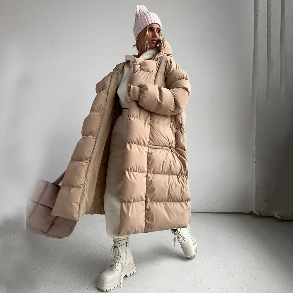 Long cotton clothes, European and American winter new temperament warm thickened hidden button long hooded cotton jackets