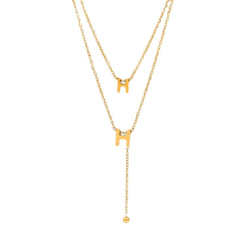 Internet celebrities with the same titanium steel fashion letter h necklace light luxury niche double-layer clavicle chain women's double H fringed versatile necklace