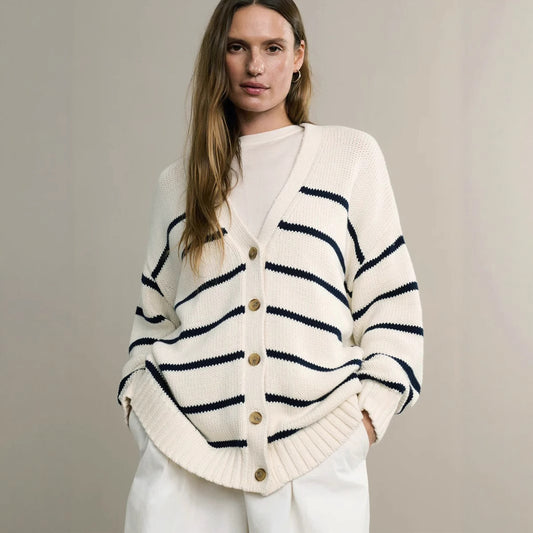 Striped knitted cardigan women's European, American autumn and winter new V-neck cardigan sweater pure cotton striped sweater women