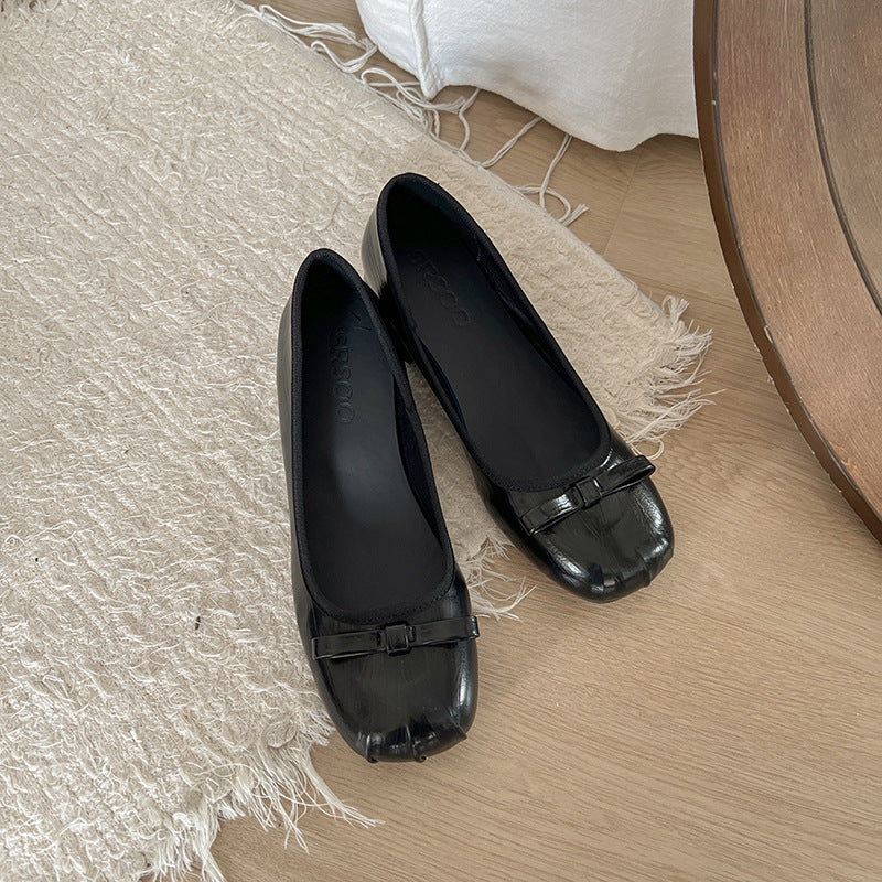 French retro light mouth high heel single shoes women's  new summer bow flat grandma shoes soft leather beanie shoes