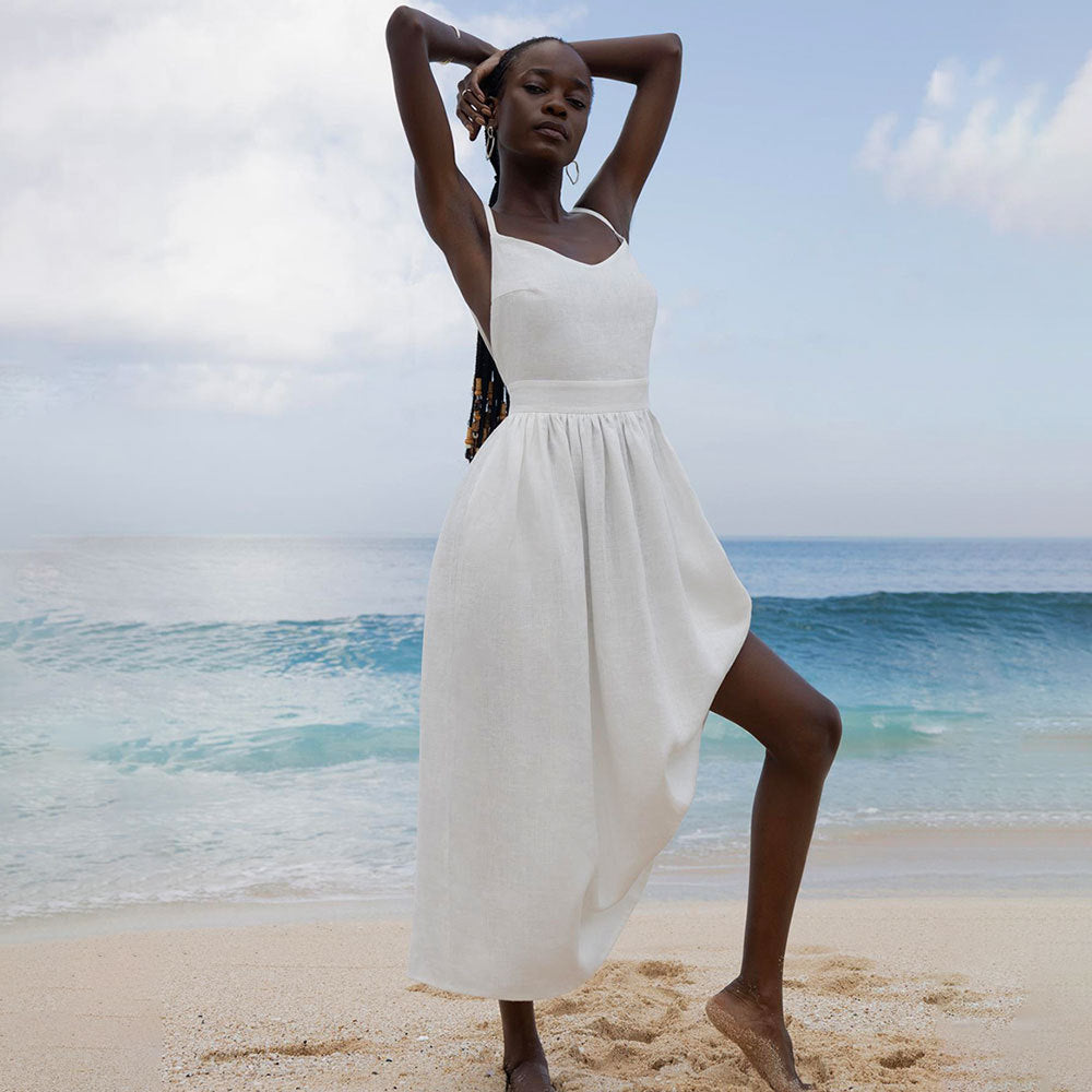 Pure cotton V-neck suspender skirt women's European and American spring new temperament elegant sexy strap backless dress