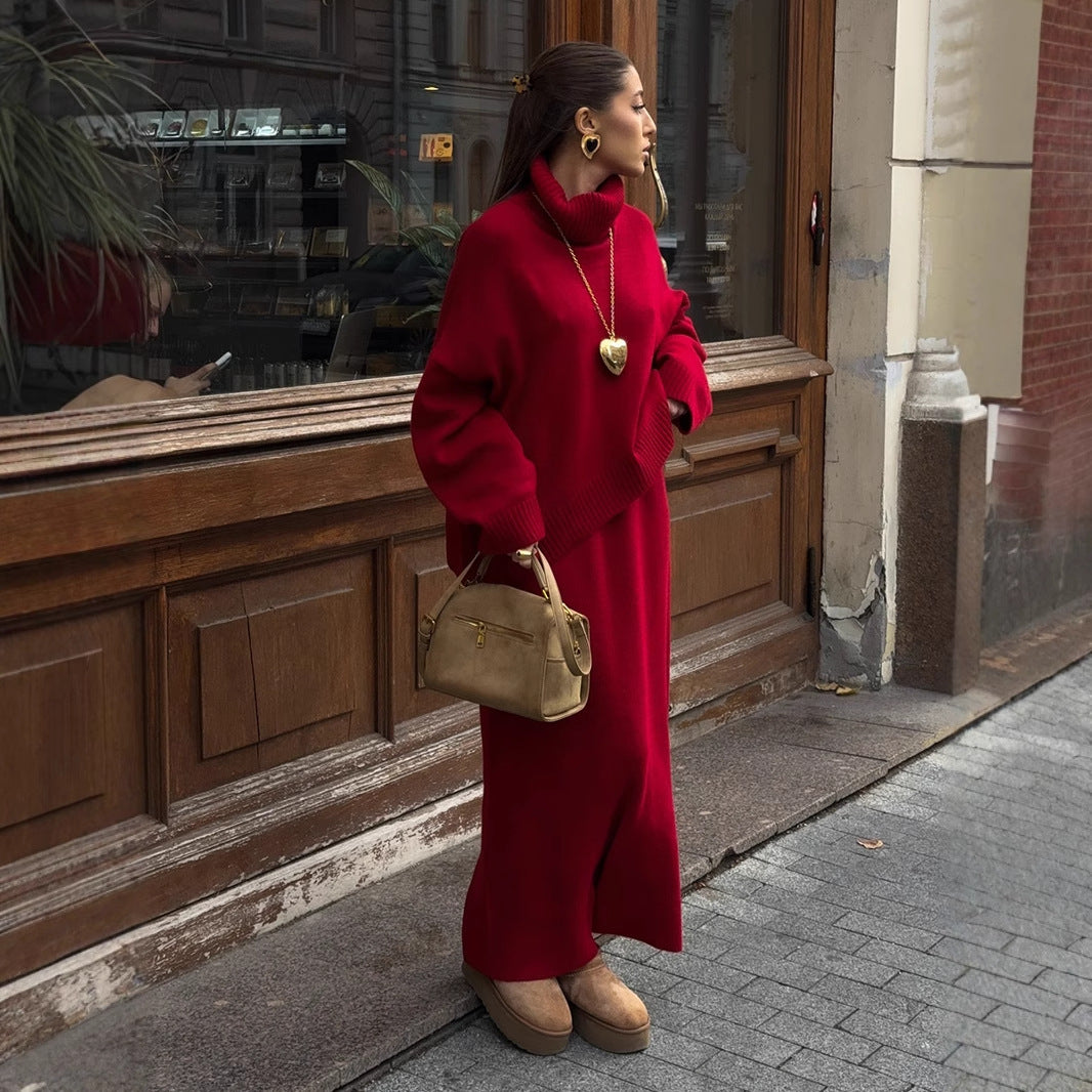 Turtleneck sweater skirt set for women, European, American autumn and winter loose knitted two-piece sweater set for women  suits